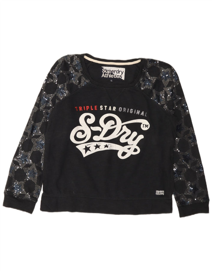 Γυναικείο γραφικό φούτερ SUPERDRY Jumper UK 16 μεγάλο μαύρο βαμβακερό