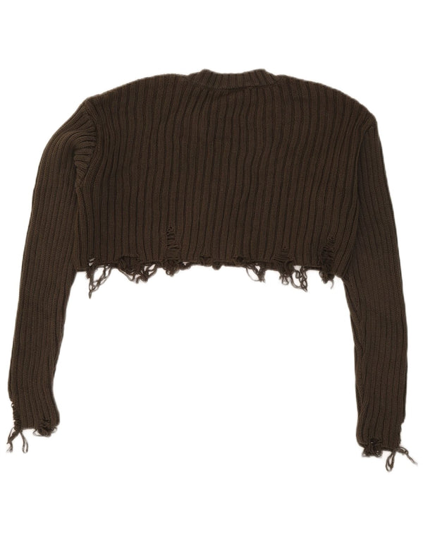 Zara Womens Crop Distressed Crew Neck Jumper πουλόβερ UK 10 Small Khaki