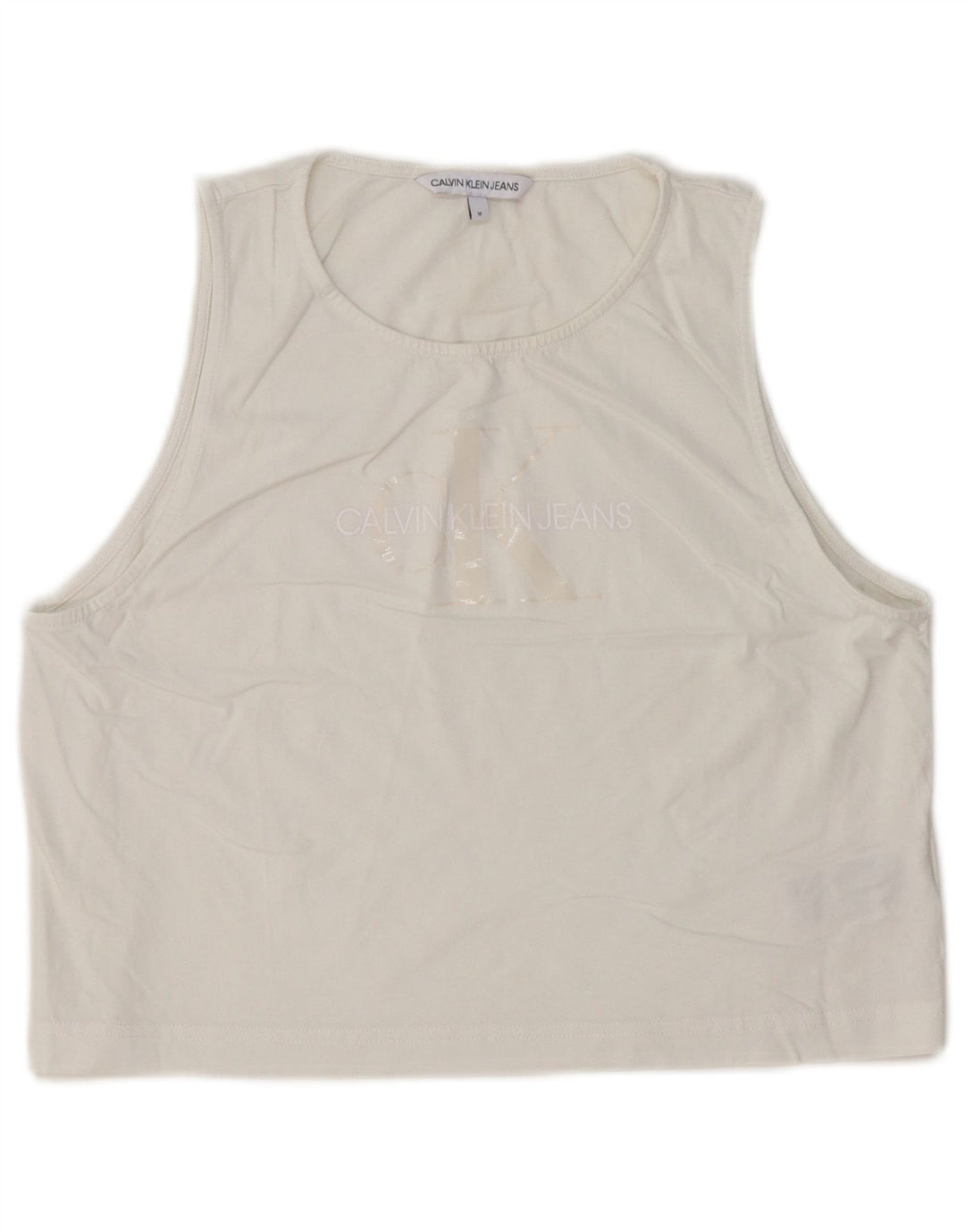 Calvin Klein Jeans Γυναικείο Crop γραφικό γιλέκο UK 12 μεσαίο λευκό βαμβακερό