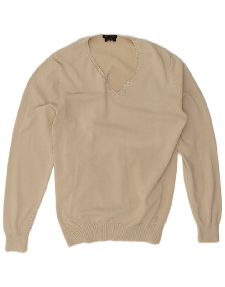 Ανδρικό πουλόβερ Massimo Dutti με V λαιμόκοψη, μεσαίο βαμβακερό μπεζ