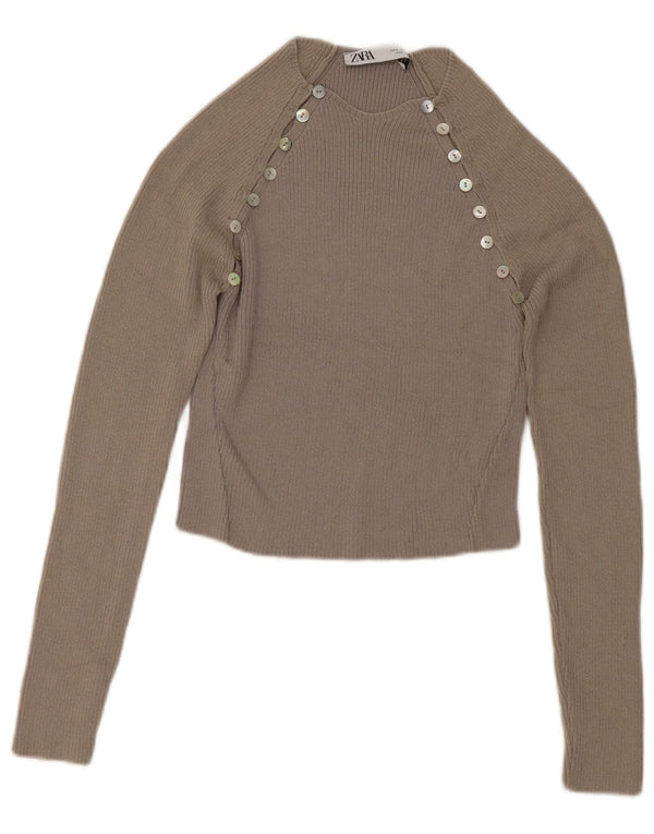 Zara Womens Crop Top Long Sleeve UK 8 Small Grey Colourblock Viscose