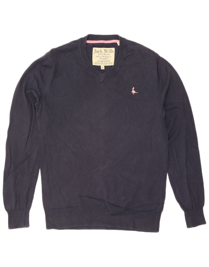 JACK WILLS Ανδρικό πουλόβερ με λαιμόκοψη με λαιμόκοψη, μεσαίο μπλε βαμβακερό