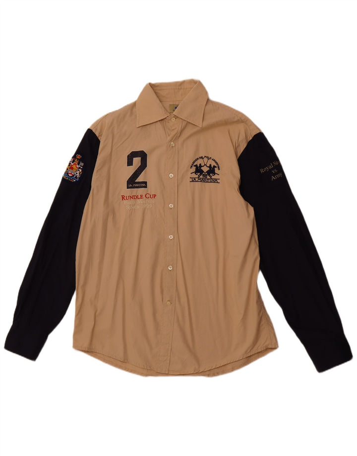 LA MARTINA Ανδρικό πουκάμισο Royal Navy Graphic XL Beige Courblock Βαμβακερό