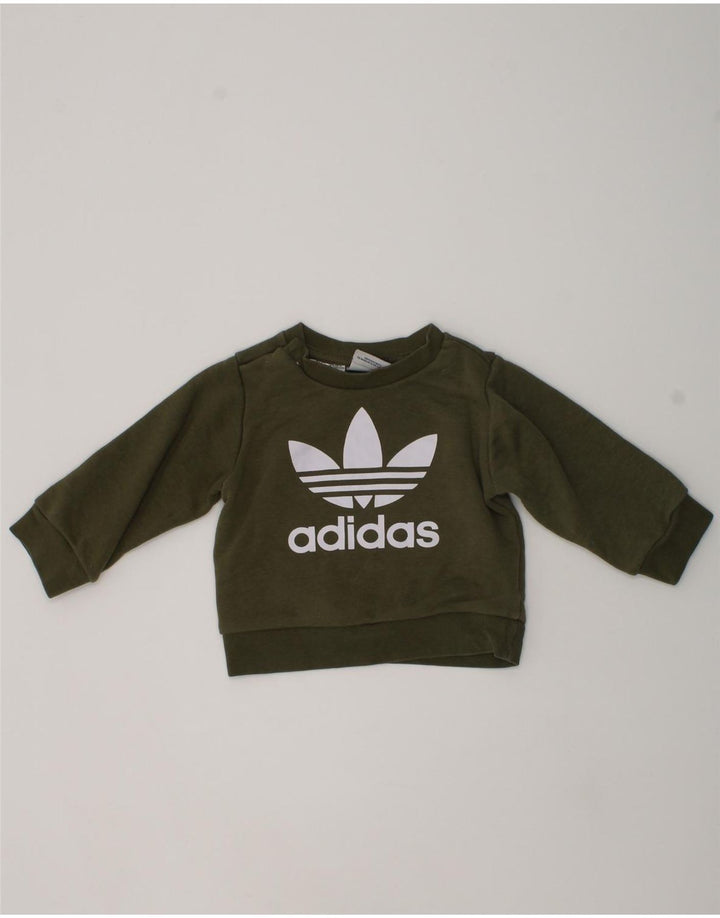 ADIDAS Baby Boys Graphic Sweatshirt Jumper 3-6 Months Khaki Cotton | Vintage Adidas | Thrift | Second-Hand Adidas | Used Clothing | Messina Hembry 