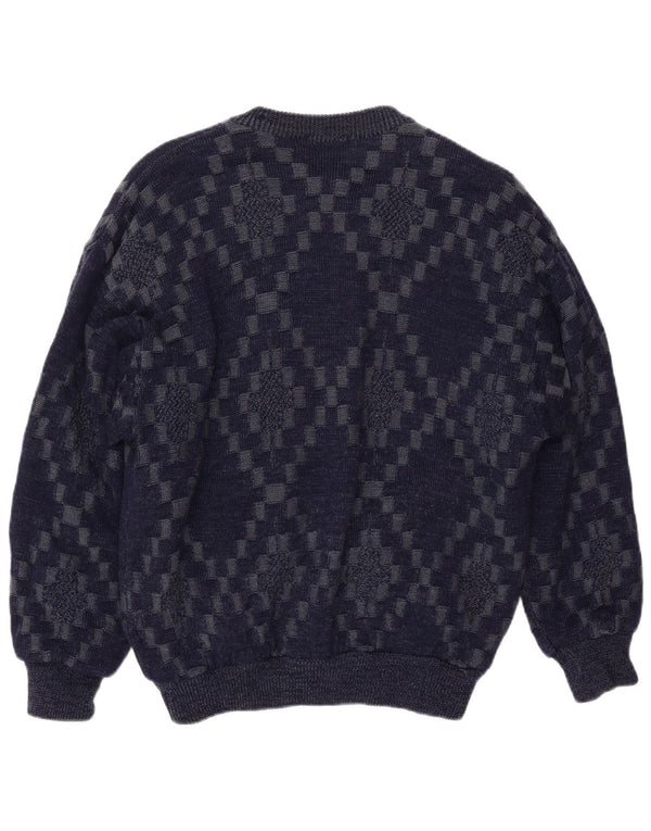 Ανδρικό πουλόβερ με ζακέτα VINTAGE Μεγάλο μπλε ναυτικό γεωμετρική βισκόζη