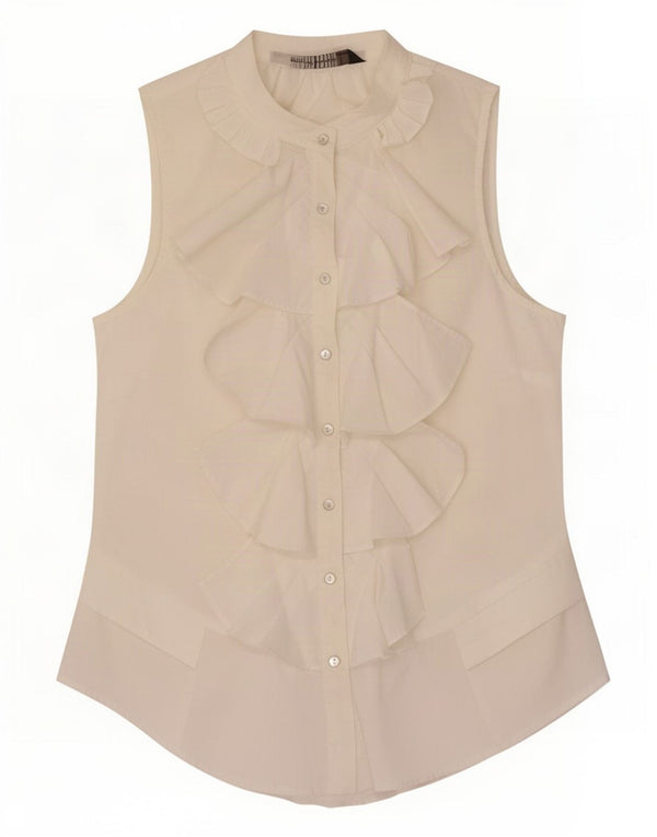 Zara Womens Sleeveless Ruffle Front Shirt Blouse UK 10 Small White Cotton