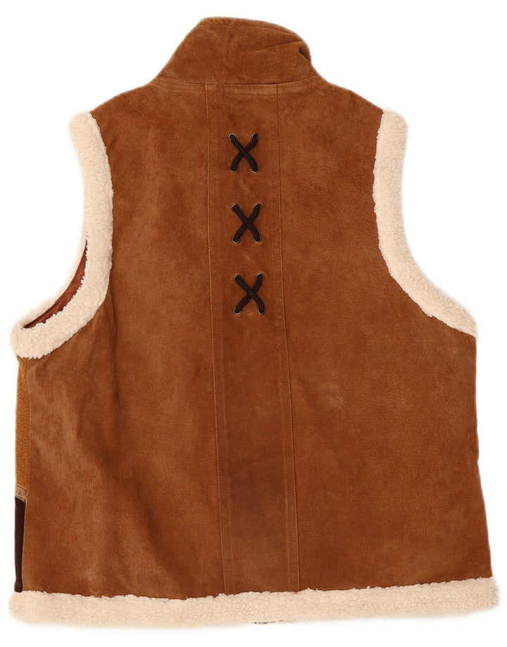 Vintage Γυναικείο Suede Gilet UK 14 Μεσαίο καφέ γεωμετρικό δέρμα