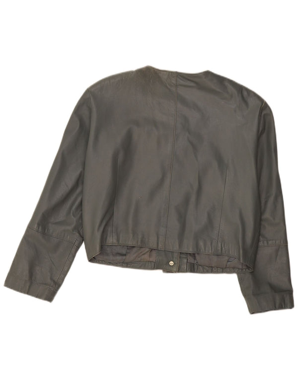VINTAGE Womens Leather Bomber Jacket UK 12 Medium Grey Leather