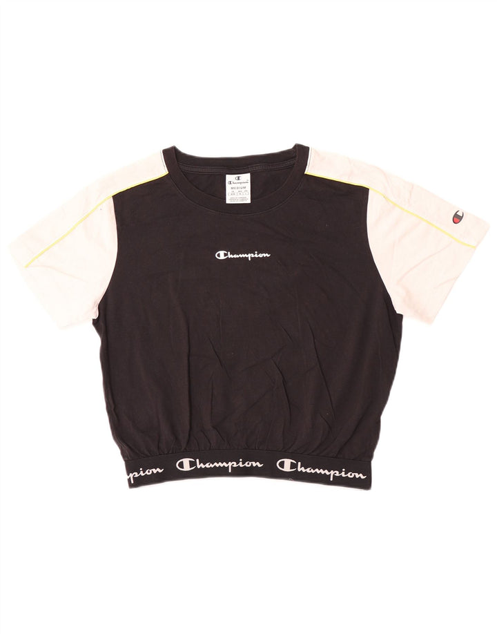 Champion γυναικείο Crop γραφικό T-shirt Top UK 12 Medium Black Colourblock