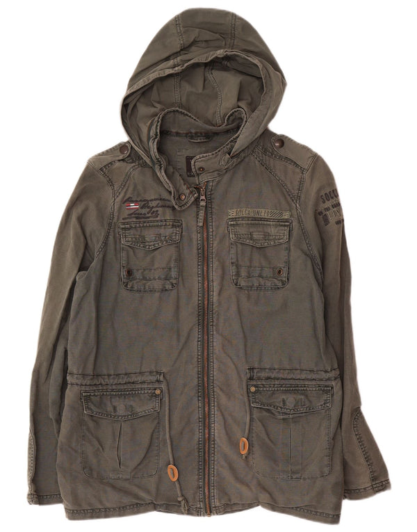Soccx Mens Graphic Hooded Military Jacket UK 40 Large Khaki Linen