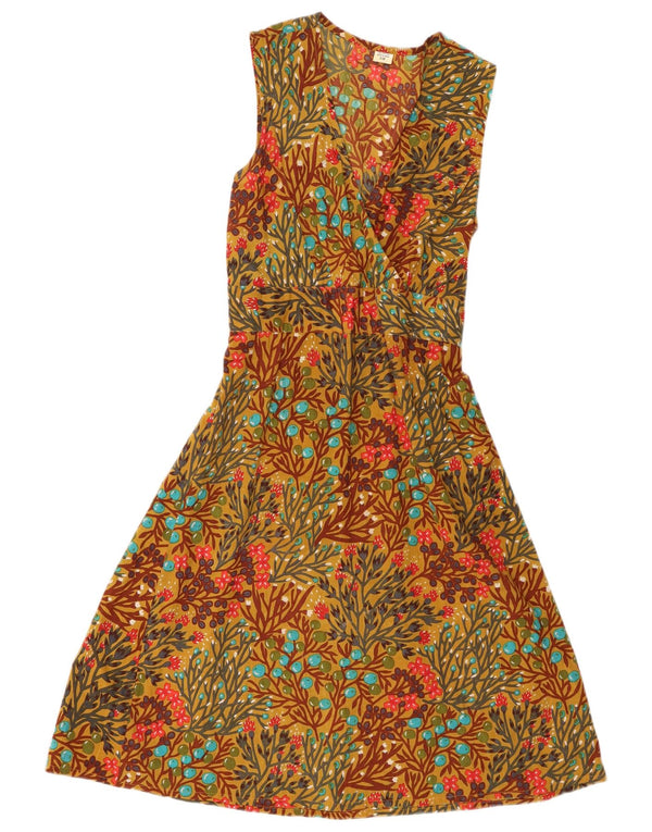 Vintage γυναικείο αμάνικο φόρεμα A-Line UK 10 Small Khaki Floral βαμβακερό