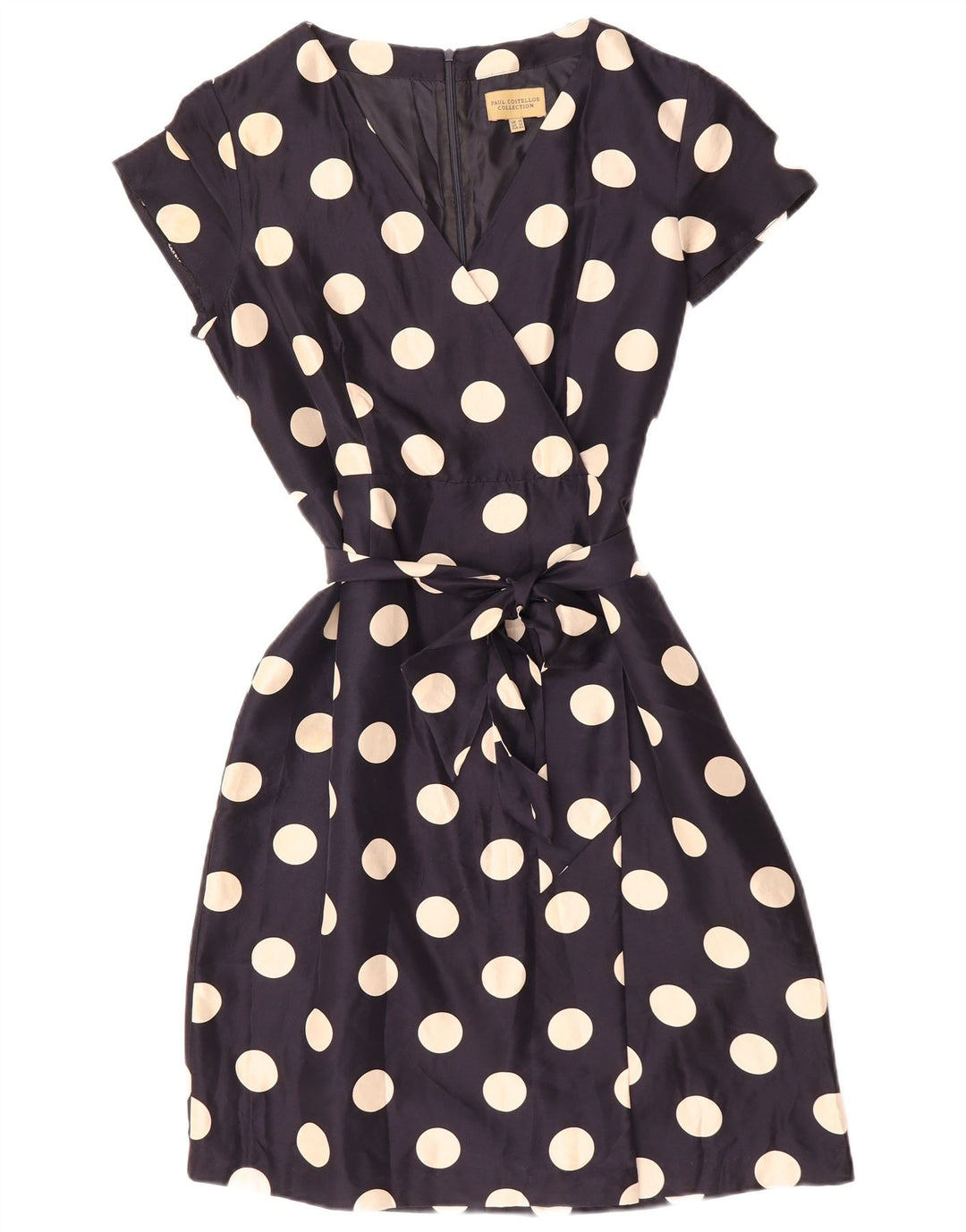 PAUL COSTELLOE Γυναικείο φόρεμα A-Line UK 16 Μεγάλο μπλε ναυτικό μετάξι πουά