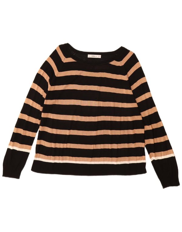 Zara Γυναικείο πουλόβερ με λαιμόκοψη UK 16 Large Μαύρο ριγέ