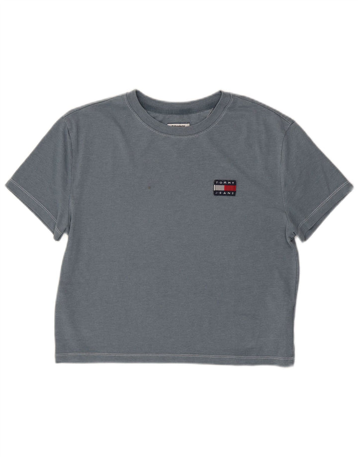 TOMMY HILFIGER Γυναικείο Crop γραφικό T-shirt Top UK 10 Small Grey Cotton