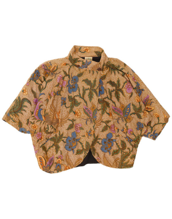 VINTAGE Γυναικείο κοντομάνικο μπολερό τοπ UK 20 2XL καφέ φλοράλ βαμβακερό