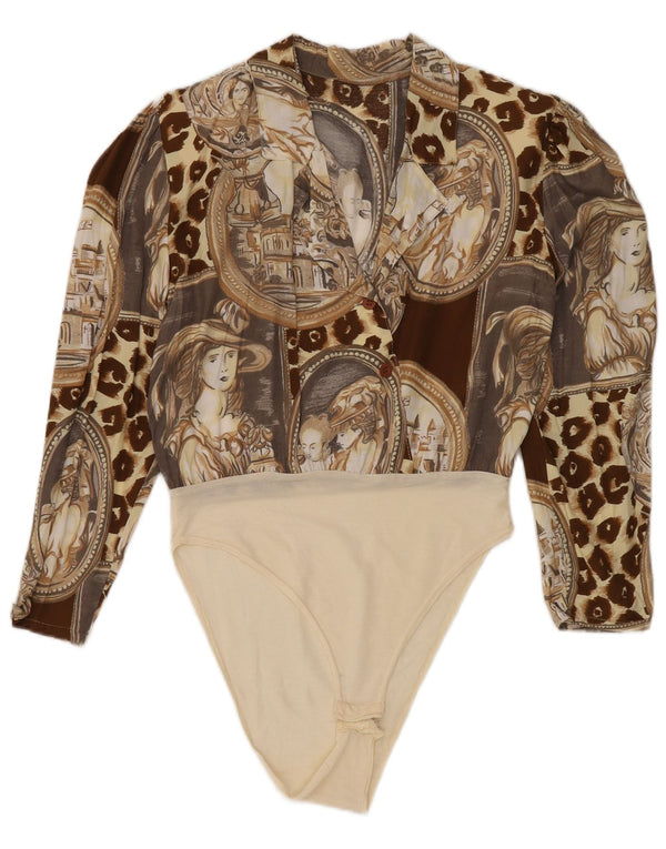 Vintage Womens Abstract Pattern Long Sleeve Bodysuit UK 14 Medium Brown