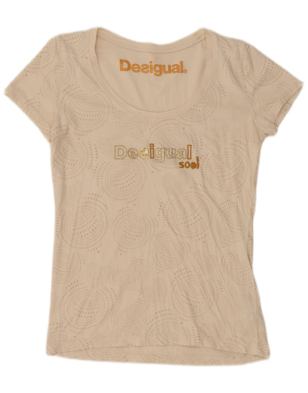 DESIGUAL Γυναικείο T-Shirt με γραφικό τοπ UK 14 Μεγάλο μπεζ βαμβακερό στίγμα