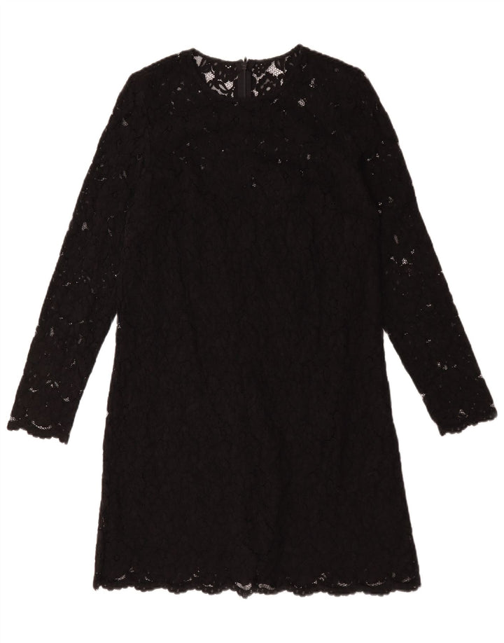 Vintage γυναικείο μακρυμάνικο φόρεμα Shift UK 12 Medium Black Floral Polyester