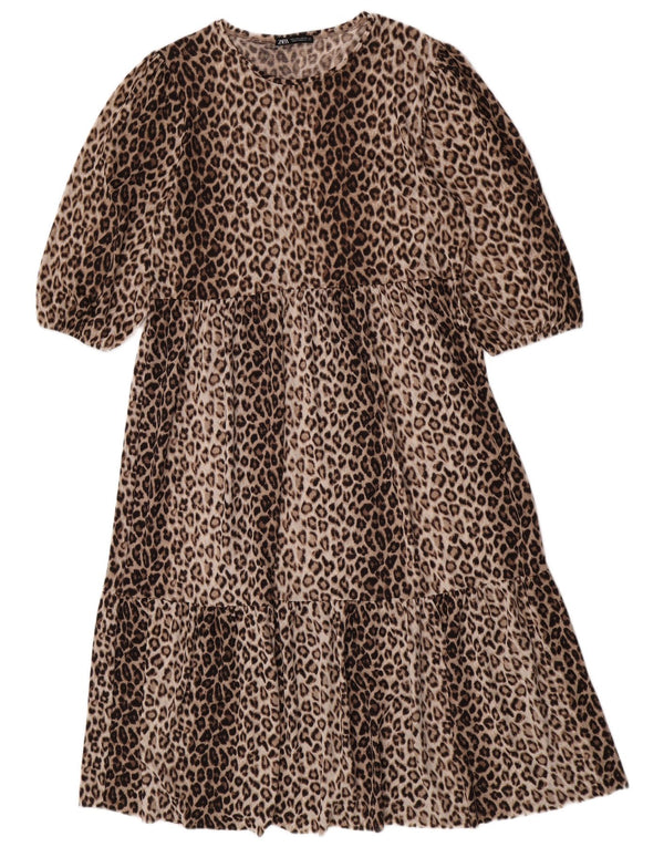 Zara Womens Tiered Dress UK 14 Large Brown Animal Print