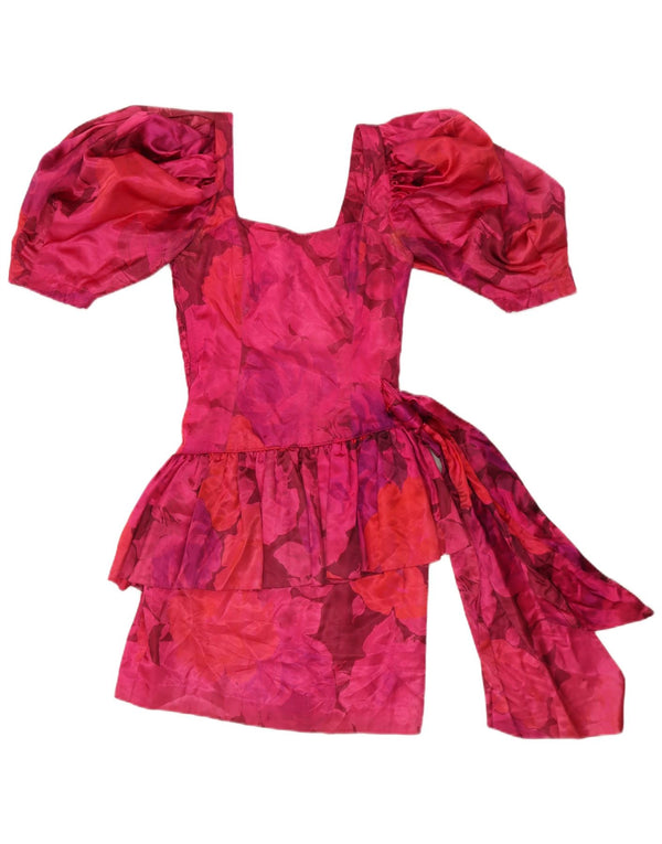 Vintage Womens Peplum Dress UK 10 Small Pink Floral Acetate