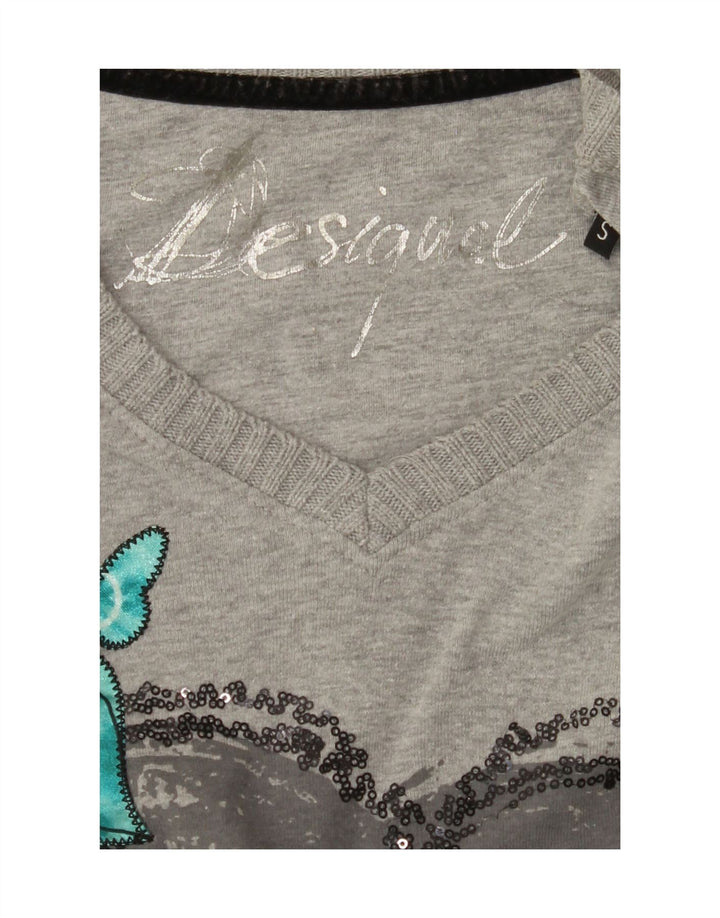 DESIGUAL Womens Graphic Top Long Sleeve UK 10 Small Grey Heart Vintage Desigual and Second-Hand Desigual from Messina Hembry 