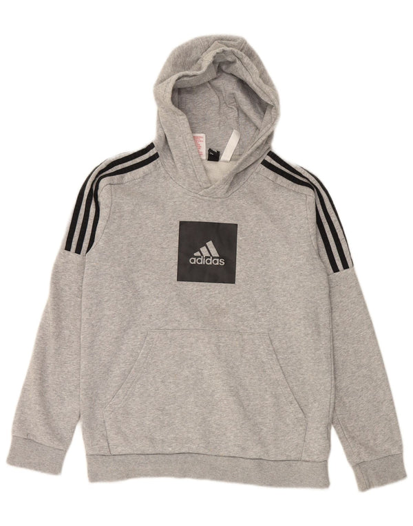 ADIDAS Boys Graphic Hoodie Jumper 13-14 Years Grey Cotton