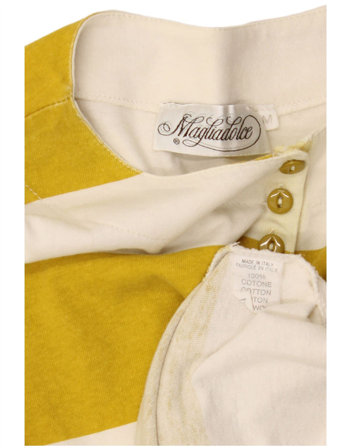 VINTAGE Γυναικείο γραφικό μακρυμάνικο UK 14 μεσαίο κίτρινο βαμβακερό ριγέ