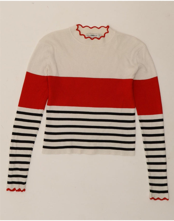Zara Γυναικείο Crop Top μακρυμάνικο UK 12 μεσαίο λευκό ριγέ