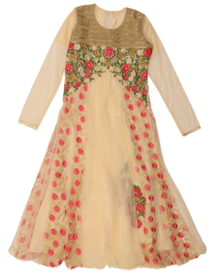 VINTAGE Γυναικείο μακρυμάνικο φόρεμα Α-γραμμή US 6 Μεσαίο Μπεζ Φλοράλ