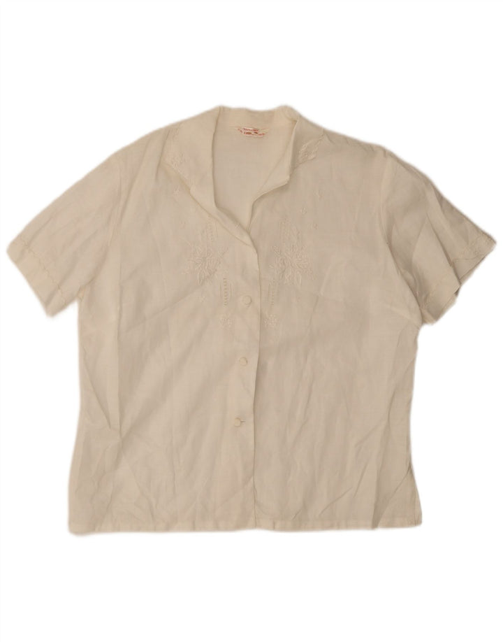 Vintage γυναικείο κοντομάνικο πουκάμισο IT 42 Medium White Floral Λινό