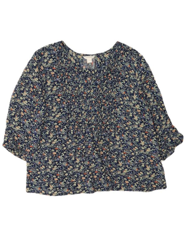 Monsoon γυναικεία μπλούζα με μανίκια 3/4 τοπ UK 16 Large Navy Blue Floral Viscose