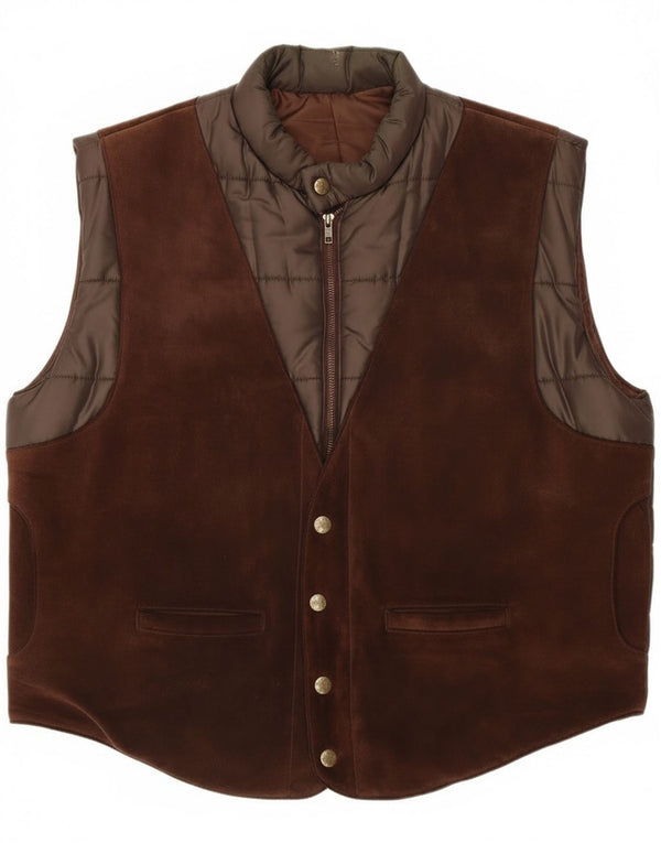 Vintage Mens Suede Padded Gilet UK 40 Large Brown Leather