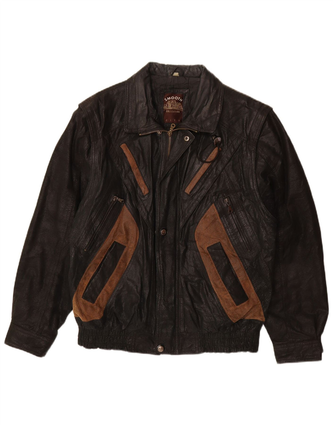 VINTAGE Ανδρικό Δερμάτινο Μπουφάν UK 40 Large Black Colourblock Leather