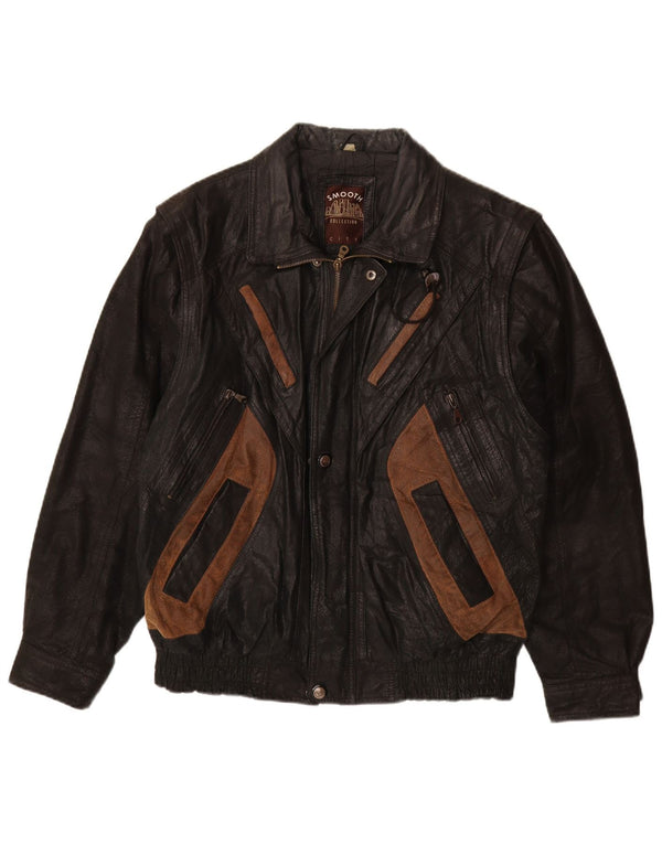 VINTAGE Ανδρικό Δερμάτινο Μπουφάν UK 40 Large Black Colourblock Leather