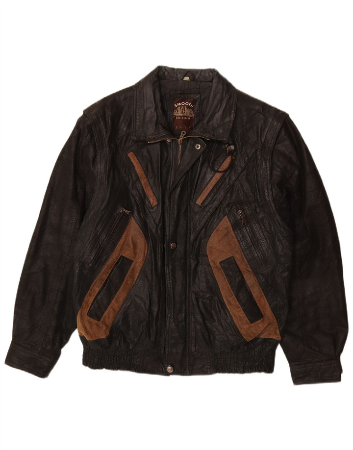 VINTAGE Ανδρικό Δερμάτινο Μπουφάν UK 40 Large Black Colourblock Leather