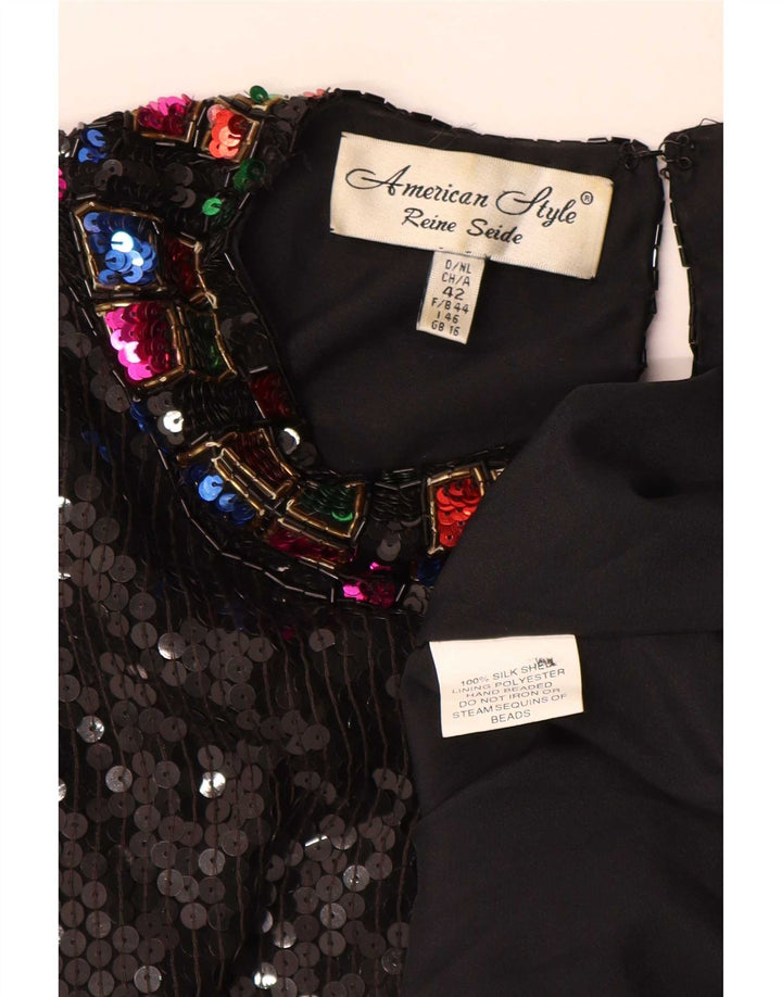 Vintage γυναικεία παγιέτα μπλούζα τοπ UK 16 Large Black Silk