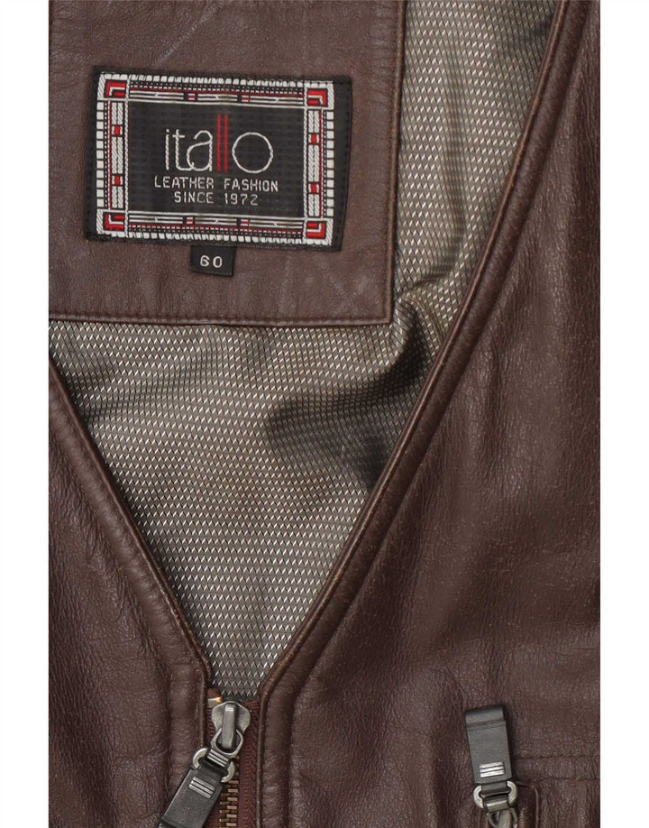 Itallo Mens Leather Utility Gilet IT 60 4XL Καφέ
