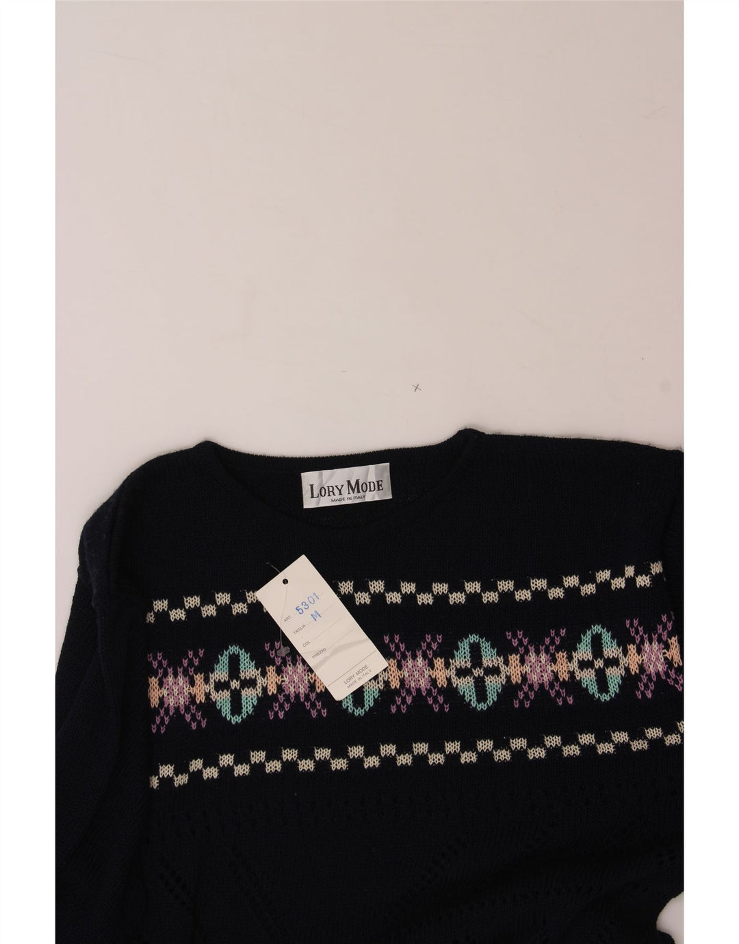 VINTAGE  Boat Neck Jumper Sweater UK 14 Medium Navy Blue Geometric Vintage Vintage and Second-Hand Vintage from Messina Hembry 
