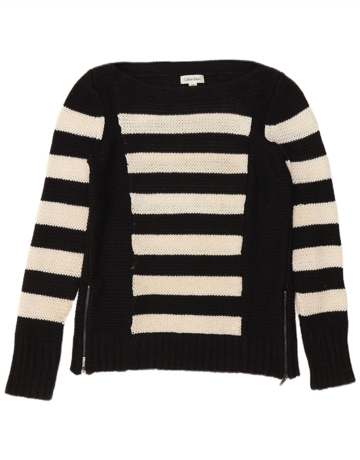 CALVIN KLEIN Womens Boat Neck Jumper Sweater UK 10 Small Black Striped