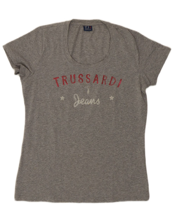 Γυναικείο γραφικό μπλουζάκι Trussardi Jeans Top UK 14 μεγάλο γκρι βαμβακερό
