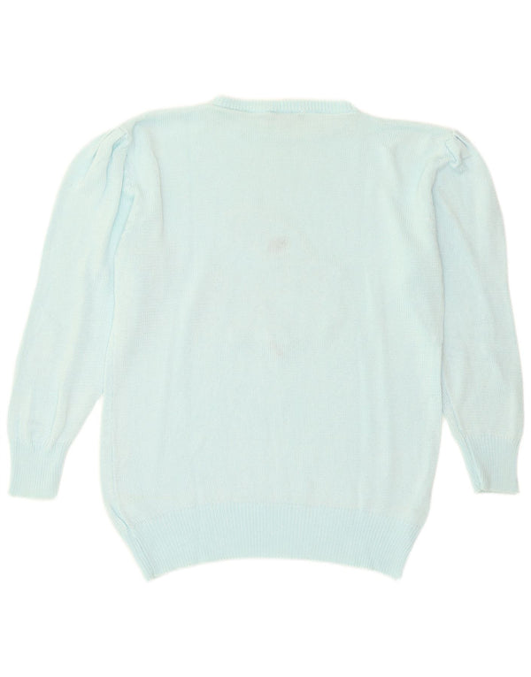 Vintage γυναικείο γραφικό πουλόβερ με λαιμόκαυστο EU 44 XL Τυρκουάζ βαμβακερό