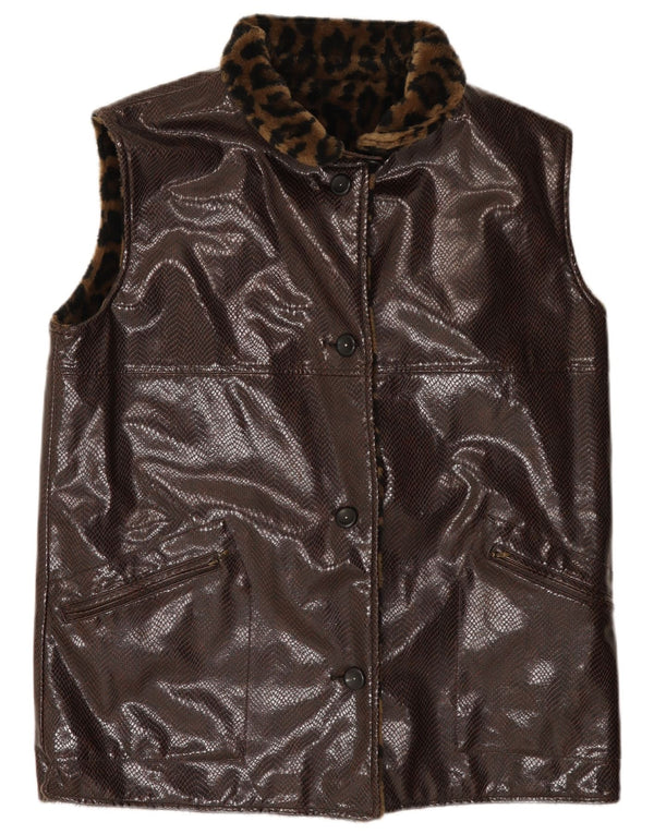 Vintage Γυναικείο αναστρέψιμο Faux Leather Gilet UK 18 XL καφέ Animal Print