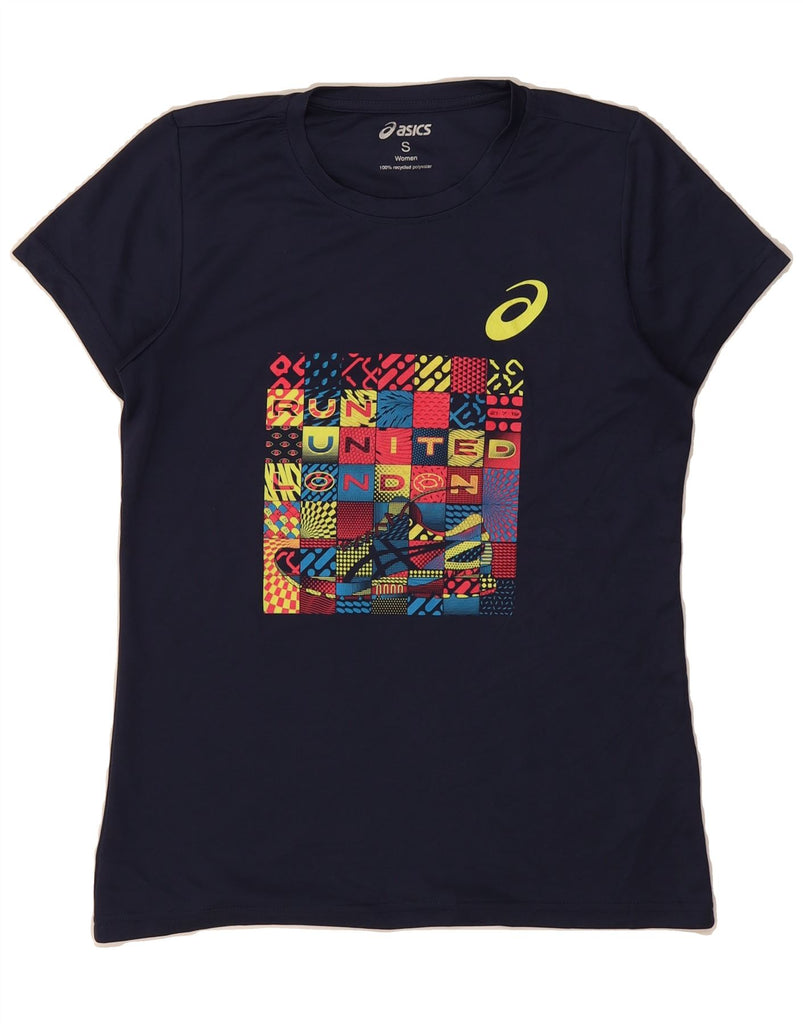 ASICS Womens Graphic T-Shirt Top UK 10 Small Navy Blue Polyester Vintage Asics and Second-Hand Asics from Messina Hembry 