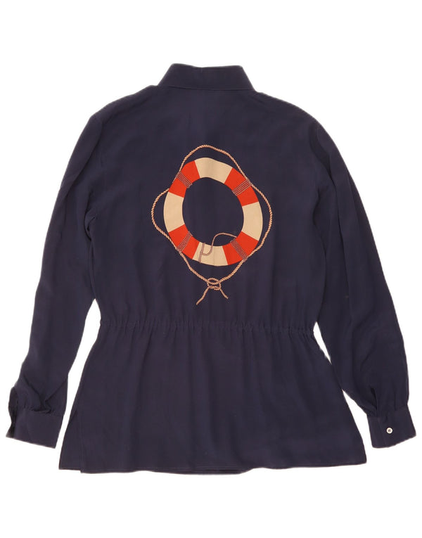 Vintage γυναικείο γραφικό πουλόβερ πουκάμισο UK 14 Medium Navy Blue