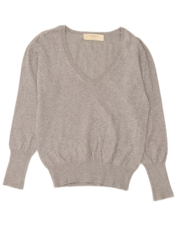 Zara Womens V-Neck Jumper Sweater UK 14 Large Grey Flecked Cotton