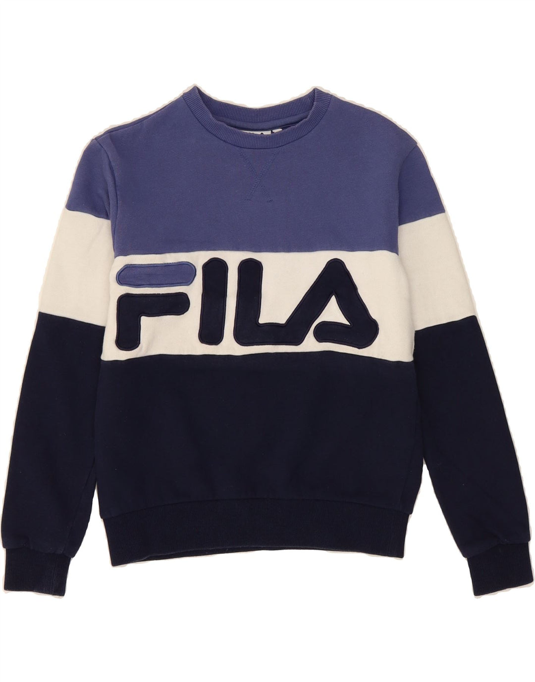 FILA Womens Graphic Sweatshirt Jumper UK 2 2XS Multicoloured Colourblock Vintage Fila and Second-Hand Fila from Messina Hembry 
