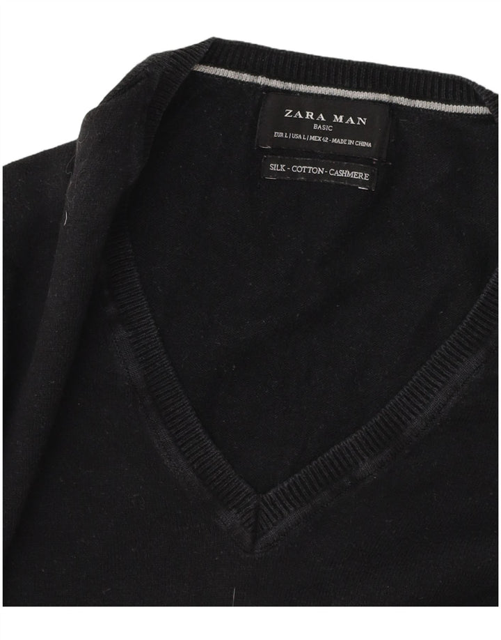 Ανδρικό πουλόβερ Zara με V λαιμόκοψη, μεγάλο μαύρο βαμβακερό