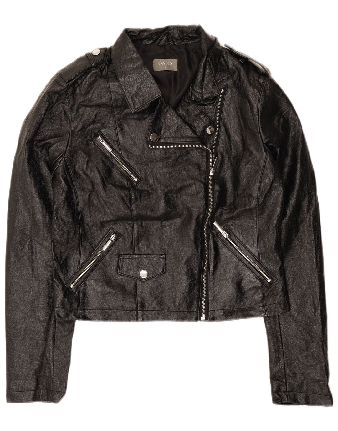 Γυναικείο Oasis Crop Faux Leather Biker Jacket UK 12 Medium Μαύρο Πολυουρεθάνη