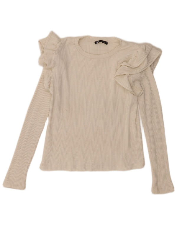 Zara Γυναικείο βολάν μπλούζα Μακρυμάνικο UK 10 Small Off White