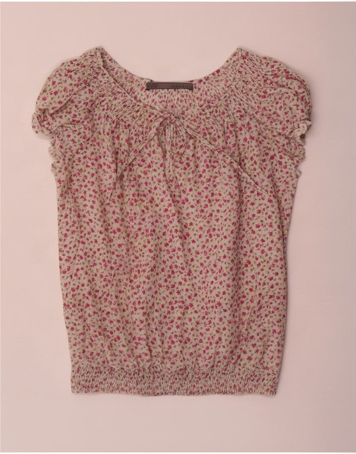 Zara Γυναικεία Μπλούζα Τοπ UK 10 Small White Floral Βαμβακερό